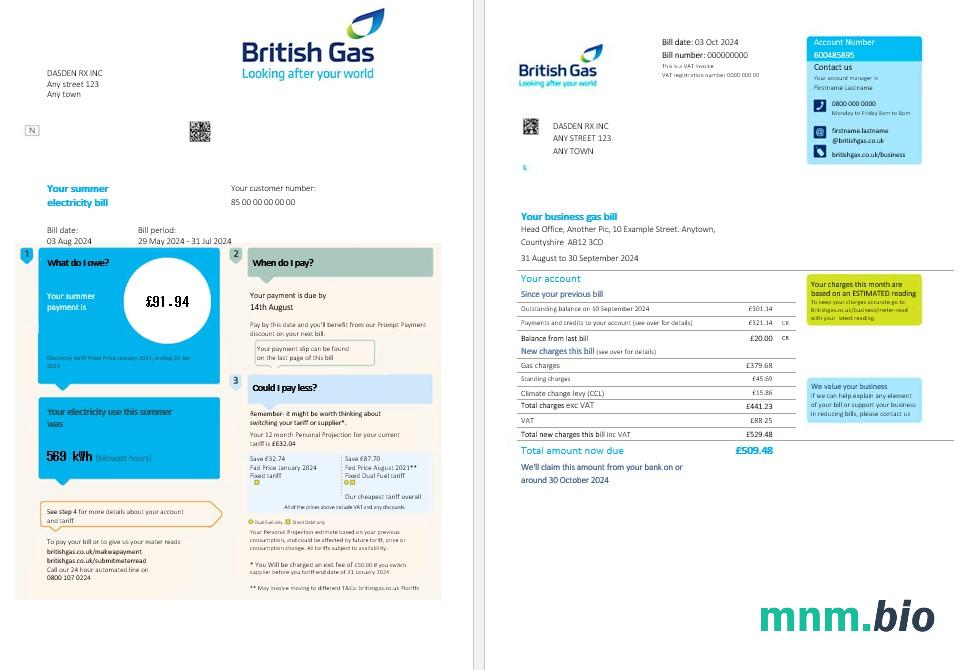 Wielka Brytania British Gas rachunek za usługi komunalne PSD szablon
